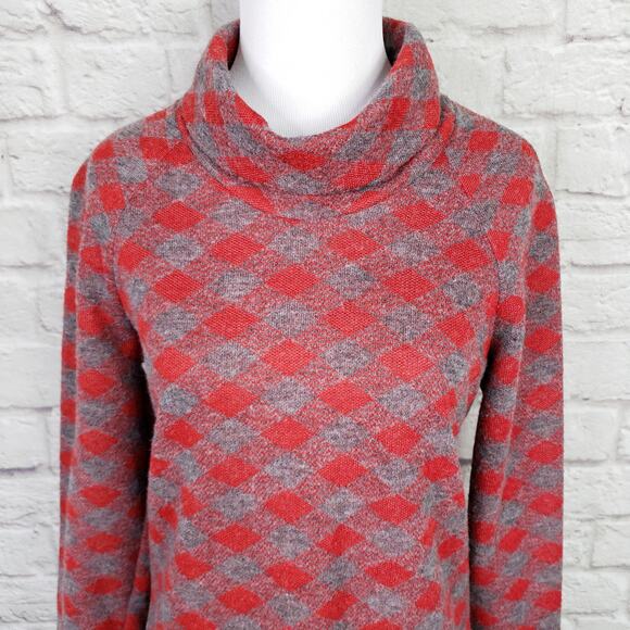 Vintage 70s KoKo Knits Red & Gray Diamond Check Cowl Neck Sweater Size S - Picture 2 of 10